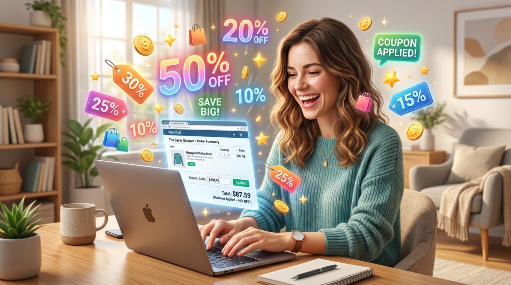 Happy online shopper using coupon codes on a laptop with floating discount percentages and savings offers in a modern home setting.