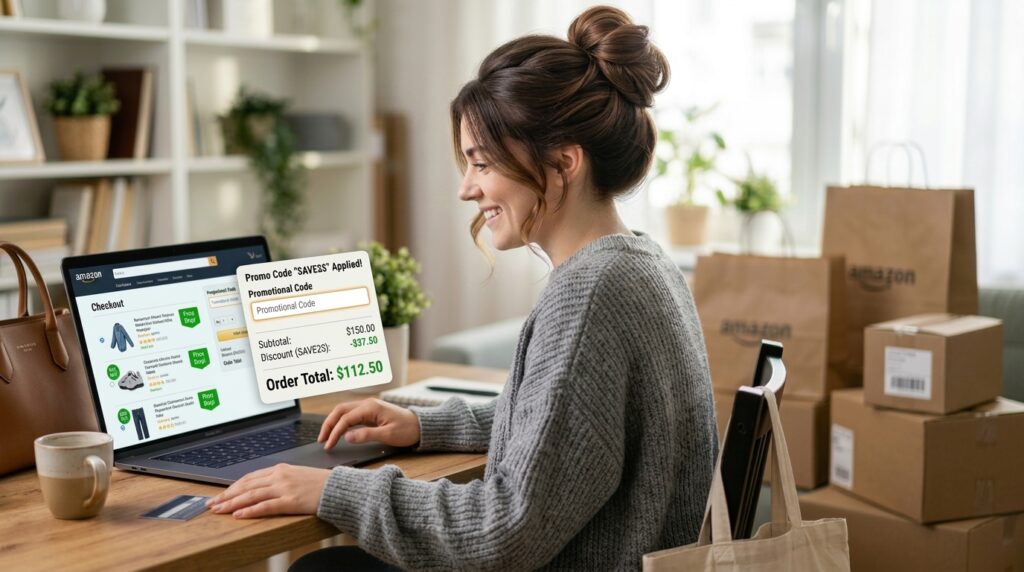 Person shopping online on an Amazon-style ecommerce website while applying promo codes and viewing discounted prices at checkout.