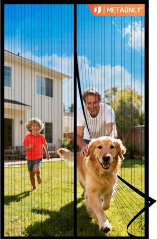 Metaonly magnetic screen door mesh designed for 36 x 80 inch doorways with hands-free magnetic closure.