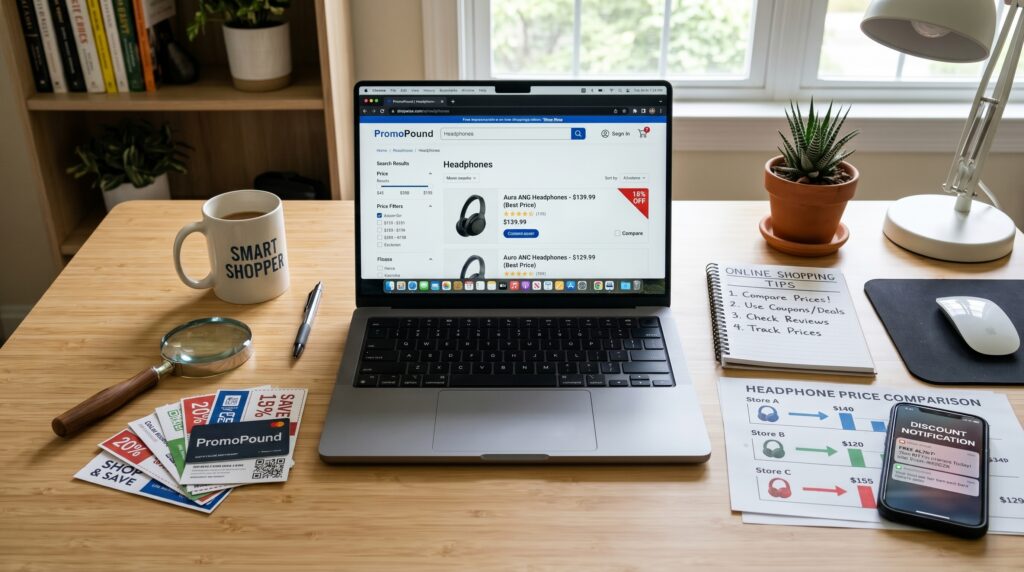 Laptop displaying online shopping coupons and discount offers on an Amazon-style ecommerce website with shopping cart and credit cards.