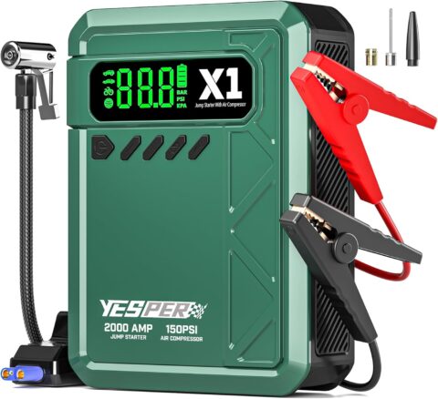 Yesper X1 portable jump starter with built-in air compressor connected to a vehicle battery during an emergency start.