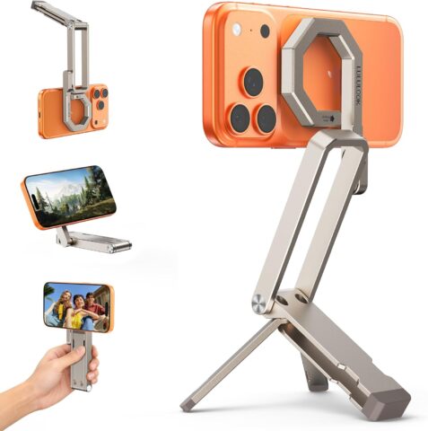 Lululook MagSafe magnetic phone tripod stand and selfie stick holding a smartphone for hands-free photos and video recording.