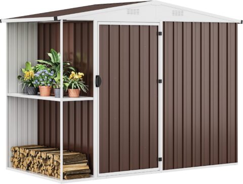 DWVO 8 x 4ft outdoor storage shed with built-in storage rack positioned in a backyard for organizing tools and equipment.