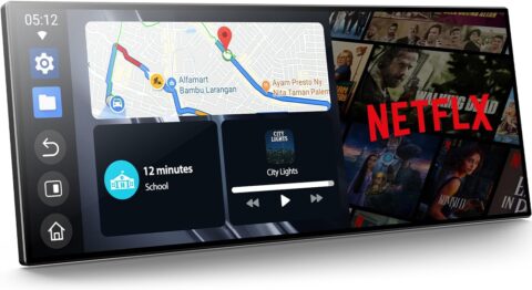 Volam 11-inch HD car display showing Apple CarPlay navigation interface mounted on a vehicle dashboard.