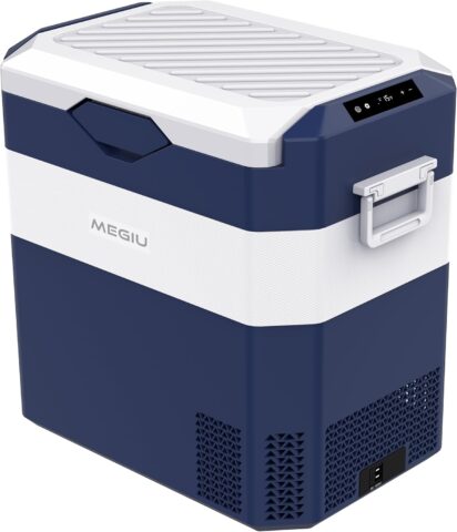 Megiu 45-quart portable car refrigerator stocked with drinks and food inside a vehicle during a road trip.