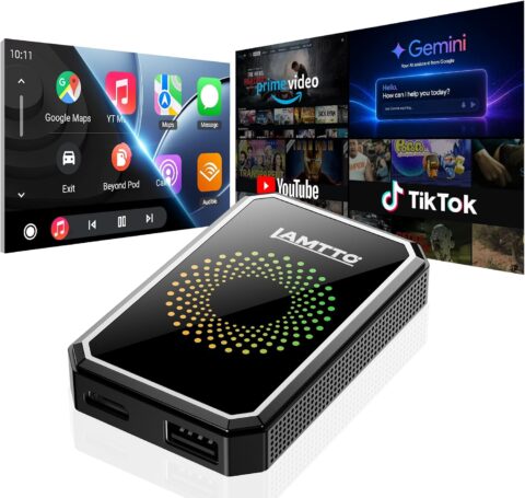 Lamtto 4-in-1 Magic AI Box wireless CarPlay and Android Auto adapter connected to a vehicle infotainment system.
