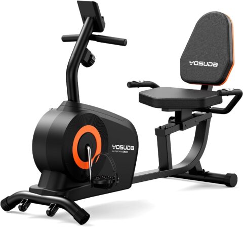 Yosuda recumbent exercise bike with padded seat and backrest positioned in a home workout space.