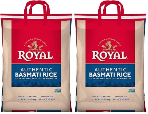 Two 15-pound bags of Authentic Royal Basmati Rice displayed with premium long-grain rice packaging.