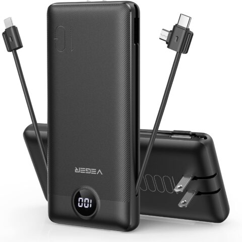 VEGER 10000mAh portable charger with built-in cables and wall plug deal on Amazon.