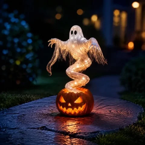 Text: Halloween ghost pumpkin light-up statue spooky yard porch and table decor eBay deal